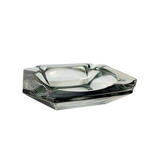 Vintage Smoked Gray Tinted Glass 5" Square Ashtray Geometric Design 4 Divots